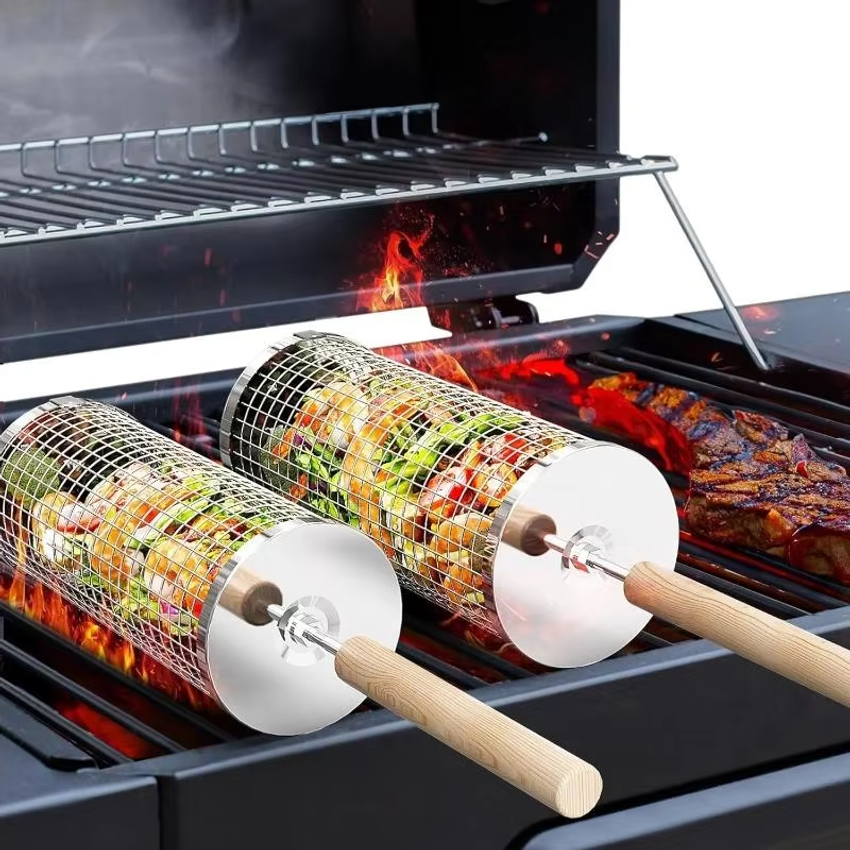 Camping Cooking Griddle - Round Barbecue Grill Basket Set, Stainless