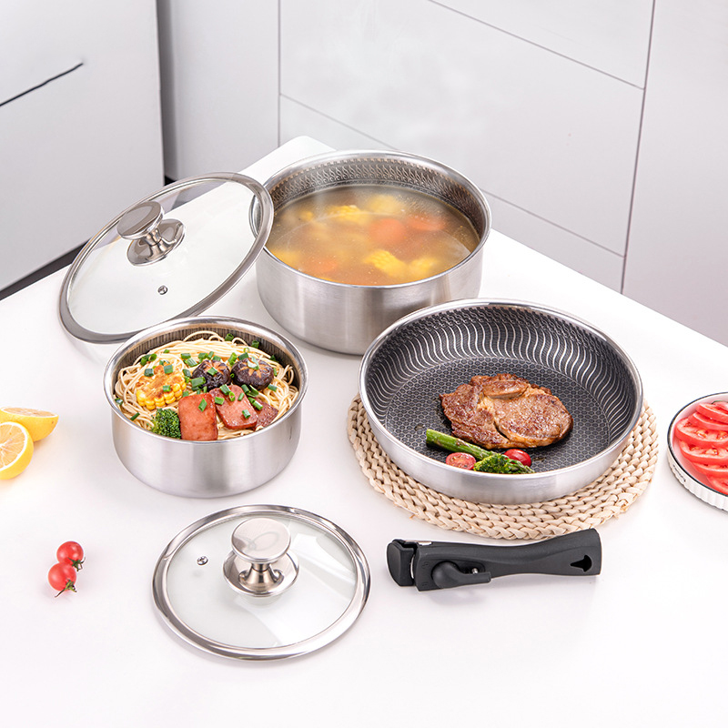 6 Pcs 3-ply Stainless Steel Co - Camping Cooking Set Detachable Handle recension och pris