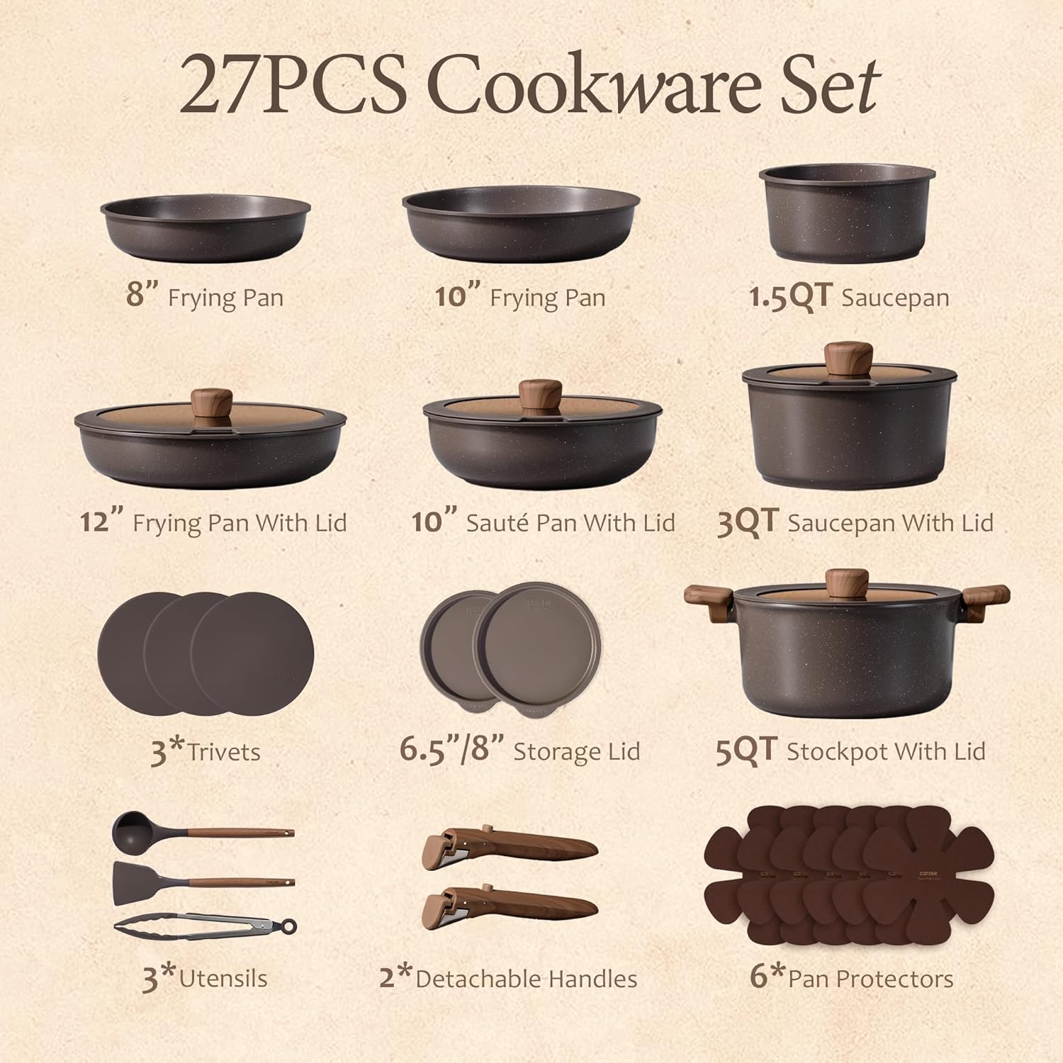 27-Piece Pots and Pans Set Non - Camping Cooking Set Detachable Handle recension och pris
