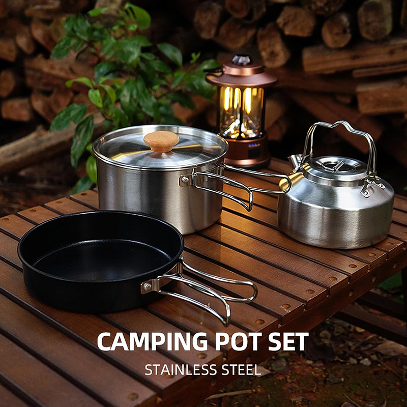 High-Grade 304 Stainless Steel - Camping Cooking Set With Kettle recension och pris